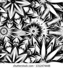 Seamless floral background. Tracery handmade nature ethnic fabric backdrop pattern with saturated dark flowers. Textile design texture. Decorative binary monochrome black and white art. Vector