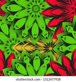 Seamless floral background. Tracery handmade nature ethnic fabric backdrop pattern with flowers. Textile design texture. Decorative color art. Vector