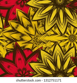 Seamless floral background. Tracery handmade nature ethnic fabric backdrop pattern with flowers. Textile design texture. Decorative color art. Vector