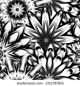 Seamless floral background. Tracery handmade nature ethnic fabric backdrop pattern with saturated dark flowers. Textile design texture. Decorative binary monochrome black and white art. Vector