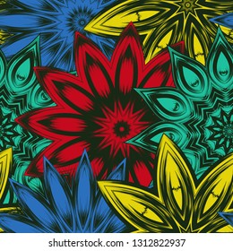 Seamless floral background. Tracery handmade nature ethnic fabric backdrop pattern with flowers. Textile design texture. Decorative color art. Vector