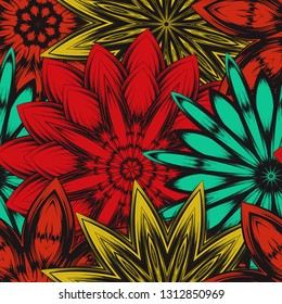 Seamless floral background. Tracery handmade nature ethnic fabric backdrop pattern with flowers. Textile design texture. Decorative color art. Vector