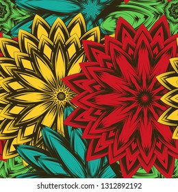 Seamless floral background. Tracery handmade nature ethnic fabric backdrop pattern with flowers. Textile design texture. Decorative color art. Vector