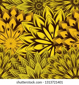 Seamless floral background. Tracery handmade nature ethnic fabric backdrop pattern with flowers. Textile design texture. Decorative color art. Vector