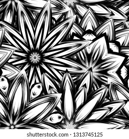 Seamless floral background. Tracery handmade nature ethnic fabric backdrop pattern with saturated dark flowers. Textile design texture. Decorative binary monochrome black and white art. Vector