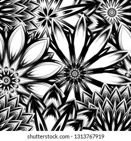 Seamless floral background. Tracery handmade nature ethnic fabric backdrop pattern with saturated dark flowers. Textile design texture. Decorative binary monochrome black and white art. Vector