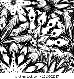 Seamless floral background. Tracery handmade nature ethnic fabric backdrop pattern with saturated dark flowers. Textile design texture. Decorative binary monochrome black and white art. Vector