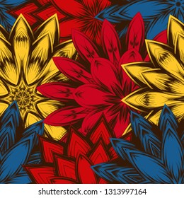 Seamless floral background. Tracery handmade nature ethnic fabric backdrop pattern with flowers. Textile design texture. Decorative color art. Vector
