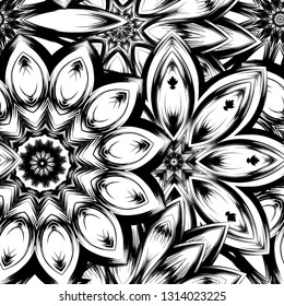 Seamless floral background. Tracery handmade nature ethnic fabric backdrop pattern with saturated dark flowers. Textile design texture. Decorative binary monochrome black and white art. Vector