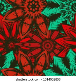 Seamless floral background. Tracery handmade nature ethnic fabric backdrop pattern with flowers. Textile design texture. Decorative color art. Vector