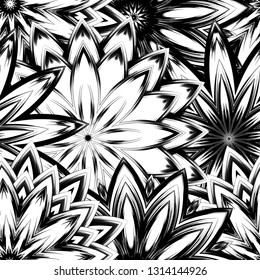 Seamless floral background. Tracery handmade nature ethnic fabric backdrop pattern with saturated dark flowers. Textile design texture. Decorative binary monochrome black and white art. Vector