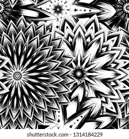 Seamless floral background. Tracery handmade nature ethnic fabric backdrop pattern with saturated dark flowers. Textile design texture. Decorative binary monochrome black and white art. Vector