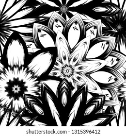 Seamless floral background. Tracery handmade nature ethnic fabric backdrop pattern with saturated dark flowers. Textile design texture. Decorative binary monochrome black and white art. Vector