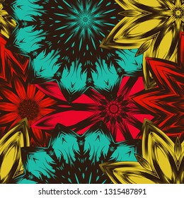 Seamless floral background. Tracery handmade nature ethnic fabric backdrop pattern with flowers. Textile design texture. Decorative color art. Vector