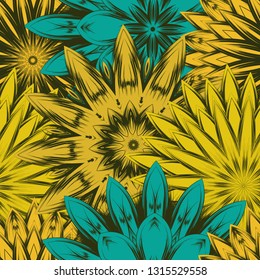 Seamless floral background. Tracery handmade nature ethnic fabric backdrop pattern with flowers. Textile design texture. Decorative color art. Vector