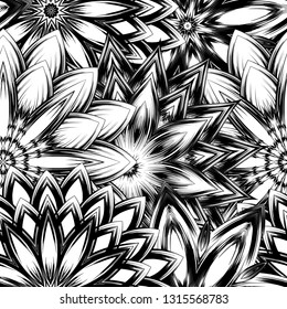 Seamless floral background. Tracery handmade nature ethnic fabric backdrop pattern with saturated dark flowers. Textile design texture. Decorative binary monochrome black and white art. Vector