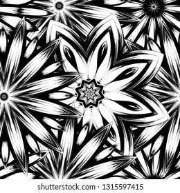 Seamless floral background. Tracery handmade nature ethnic fabric backdrop pattern with saturated dark flowers. Textile design texture. Decorative binary monochrome black and white art. Vector