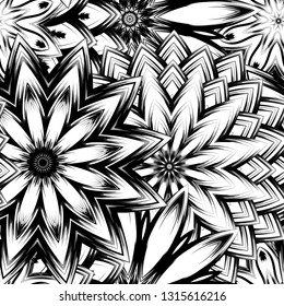 Seamless floral background. Tracery handmade nature ethnic fabric backdrop pattern with saturated dark flowers. Textile design texture. Decorative binary monochrome black and white art. Vector