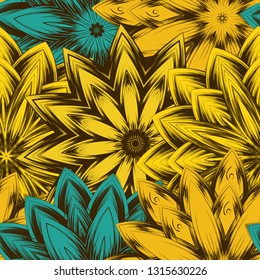 Seamless floral background. Tracery handmade nature ethnic fabric backdrop pattern with flowers. Textile design texture. Decorative color art. Vector