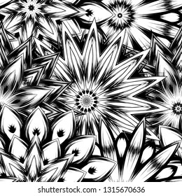 Seamless floral background. Tracery handmade nature ethnic fabric backdrop pattern with saturated dark flowers. Textile design texture. Decorative binary monochrome black and white art. Vector