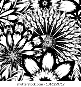 Seamless floral background. Tracery handmade nature ethnic fabric backdrop pattern with saturated dark flowers. Textile design texture. Decorative binary monochrome black and white art. Vector