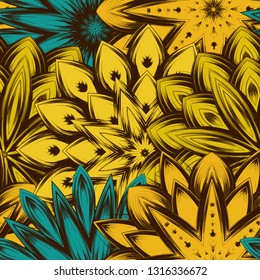Seamless floral background. Tracery handmade nature ethnic fabric backdrop pattern with flowers. Textile design texture. Decorative color art. Vector