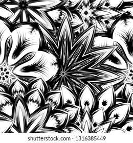 Seamless floral background. Tracery handmade nature ethnic fabric backdrop pattern with saturated dark flowers. Textile design texture. Decorative binary monochrome black and white art. Vector