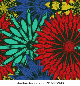 Seamless floral background. Tracery handmade nature ethnic fabric backdrop pattern with flowers. Textile design texture. Decorative color art. Vector