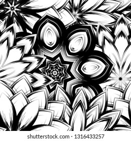 Seamless floral background. Tracery handmade nature ethnic fabric backdrop pattern with saturated dark flowers. Textile design texture. Decorative binary monochrome black and white art. Vector