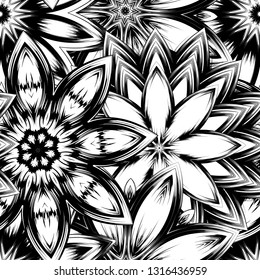Seamless floral background. Tracery handmade nature ethnic fabric backdrop pattern with saturated dark flowers. Textile design texture. Decorative binary monochrome black and white art. Vector
