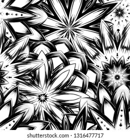 Seamless floral background. Tracery handmade nature ethnic fabric backdrop pattern with saturated dark flowers. Textile design texture. Decorative binary monochrome black and white art. Vector