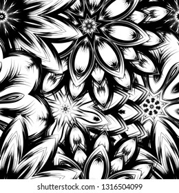 Seamless floral background. Tracery handmade nature ethnic fabric backdrop pattern with saturated dark flowers. Textile design texture. Decorative binary monochrome black and white art. Vector