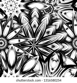 Seamless floral background. Tracery handmade nature ethnic fabric backdrop pattern with saturated dark flowers. Textile design texture. Decorative binary monochrome black and white art. Vector