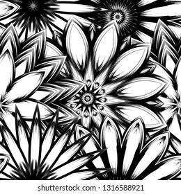 Seamless floral background. Tracery handmade nature ethnic fabric backdrop pattern with saturated dark flowers. Textile design texture. Decorative binary monochrome black and white art. Vector