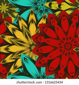 Seamless floral background. Tracery handmade nature ethnic fabric backdrop pattern with flowers. Textile design texture. Decorative color art. Vector