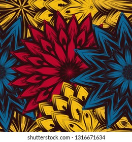Seamless floral background. Tracery handmade nature ethnic fabric backdrop pattern with flowers. Textile design texture. Decorative color art. Vector