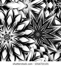 Seamless floral background. Tracery handmade nature ethnic fabric backdrop pattern with saturated dark flowers. Textile design texture. Decorative binary monochrome black and white art. Vector