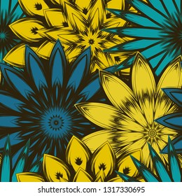 Seamless floral background. Tracery handmade nature ethnic fabric backdrop pattern with flowers. Textile design texture. Decorative color art. Vector