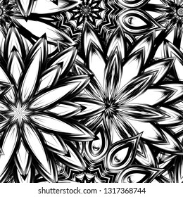 Seamless floral background. Tracery handmade nature ethnic fabric backdrop pattern with saturated dark flowers. Textile design texture. Decorative binary monochrome black and white art. Vector