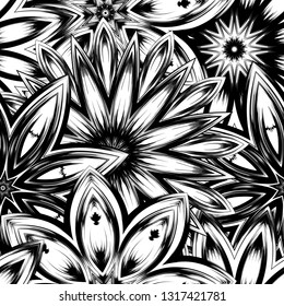 Seamless floral background. Tracery handmade nature ethnic fabric backdrop pattern with saturated dark flowers. Textile design texture. Decorative binary monochrome black and white art. Vector