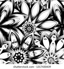 Seamless floral background. Tracery handmade nature ethnic fabric backdrop pattern with saturated dark flowers. Textile design texture. Decorative binary monochrome black and white art. Vector