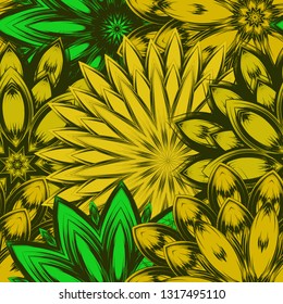 Seamless floral background. Tracery handmade nature ethnic fabric backdrop pattern with flowers. Textile design texture. Decorative color art. Vector