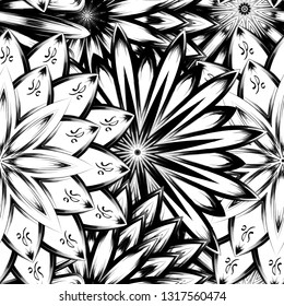 Seamless floral background. Tracery handmade nature ethnic fabric backdrop pattern with saturated dark flowers. Textile design texture. Decorative binary monochrome black and white art. Vector
