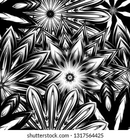 Seamless floral background. Tracery handmade nature ethnic fabric backdrop pattern with saturated dark flowers. Textile design texture. Decorative binary monochrome black and white art. Vector