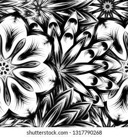 Seamless floral background. Tracery handmade nature ethnic fabric backdrop pattern with saturated dark flowers. Textile design texture. Decorative binary monochrome black and white art. Vector