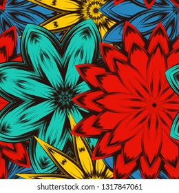 Seamless floral background. Tracery handmade nature ethnic fabric backdrop pattern with flowers. Textile design texture. Decorative color art. Vector