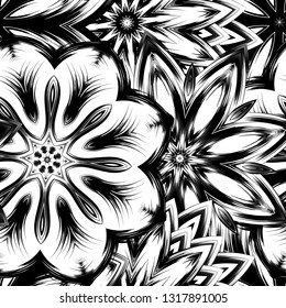 Seamless floral background. Tracery handmade nature ethnic fabric backdrop pattern with saturated dark flowers. Textile design texture. Decorative binary monochrome black and white art. Vector