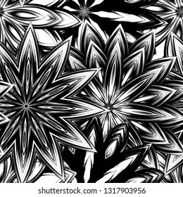 Seamless floral background. Tracery handmade nature ethnic fabric backdrop pattern with saturated dark flowers. Textile design texture. Decorative binary monochrome black and white art. Vector