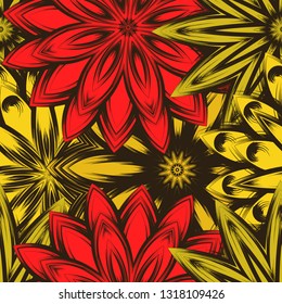 Seamless floral background. Tracery handmade nature ethnic fabric backdrop pattern with flowers. Textile design texture. Decorative color art. Vector