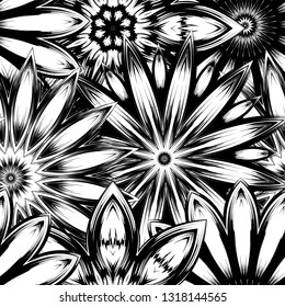 Seamless floral background. Tracery handmade nature ethnic fabric backdrop pattern with saturated dark flowers. Textile design texture. Decorative binary monochrome black and white art. Vector